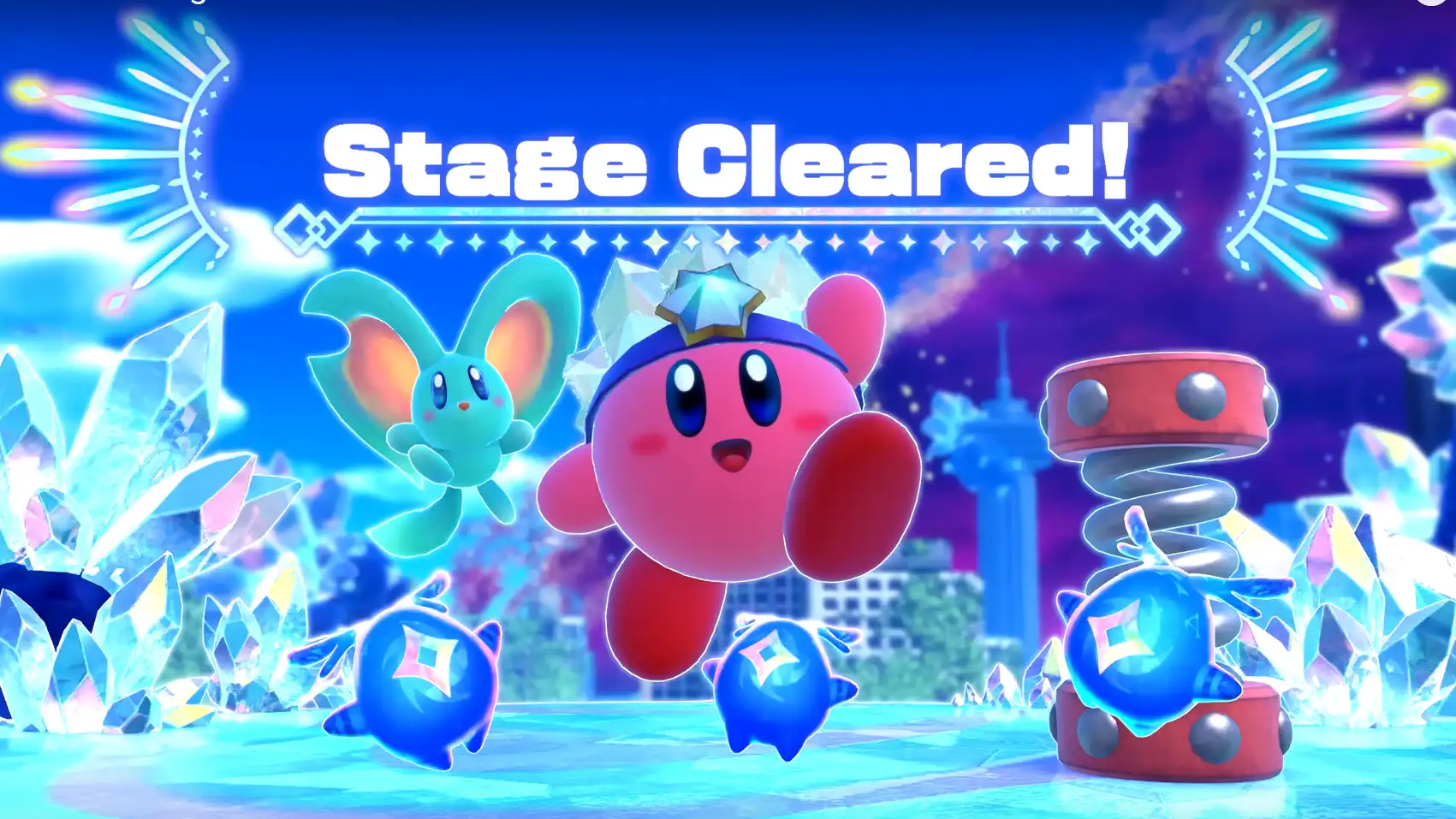Kirby, Elfilin, and the starries posing for the 'stage cleared' screen.