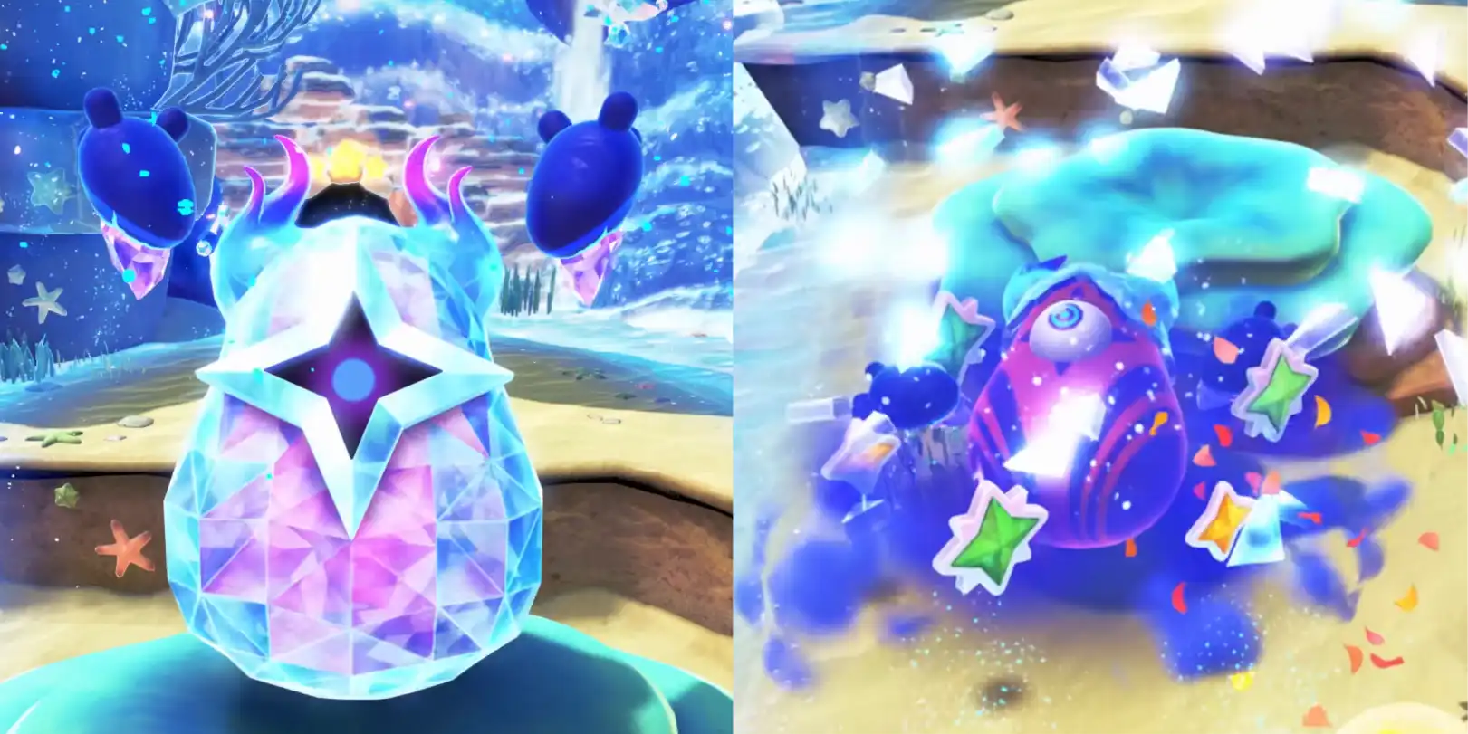 Two frames of the new Starry-like miniboss, introduction and defeated with its mask broken.
